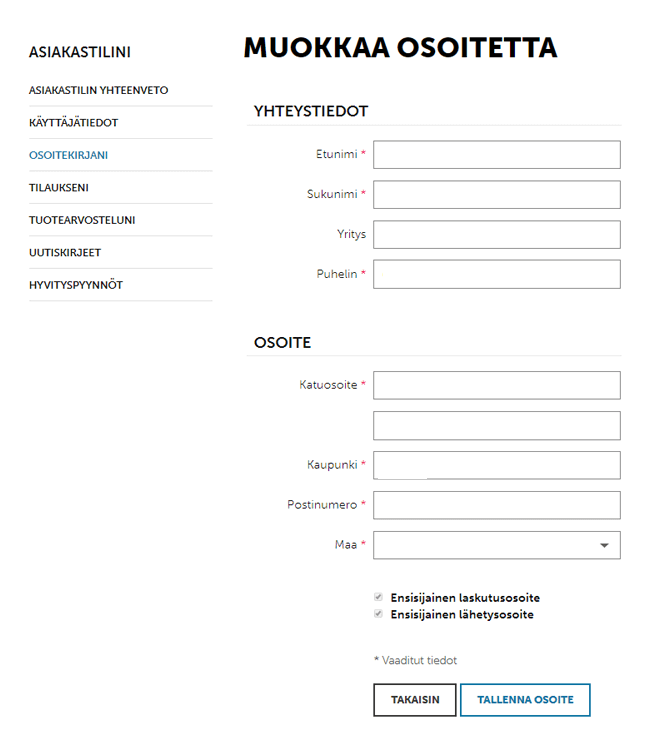 Tekstiiliopettajien asiakastilin osoitteen muokkaus